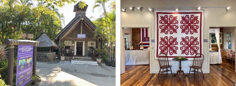 左圖為夏威夷歐胡島玻里尼西亞文化中心（Polynesian Cultural Center）復刻殖民時期的小教堂；右圖為宣教小屋。（圖／楊翎）