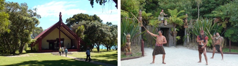 左圖為紐西蘭懷唐伊條約簽訂地（Waitangi Treaty Grounds）的毛利會所（Te Whare Rūnanga）；右圖為羅托魯阿（Rotorua）毛利文化村（Tamaki Maori Village）展演與外來者的接觸過程。（圖／楊翎）