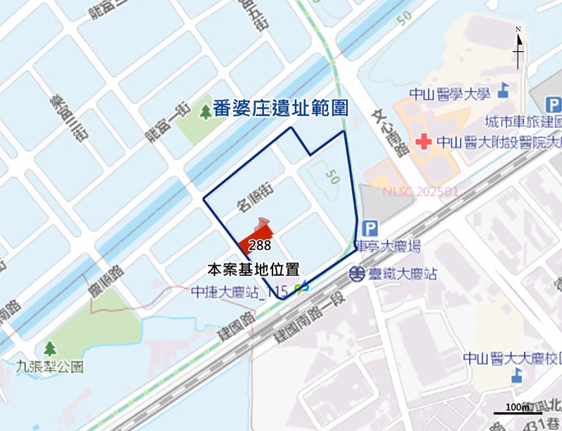 番婆庄遺址範圍與本案基地位置（圖／底圖取材自 Google 地圖）
