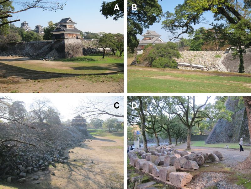 熊本城因損壞嚴重，目前無對外開放。左上、左下及右上圖皆為護城河外牆崩壞情況，從左上圖可以看到角樓的基座已有一半損毀，相當危急。右下圖為為整理過崩落的石材，未來將用於復原。