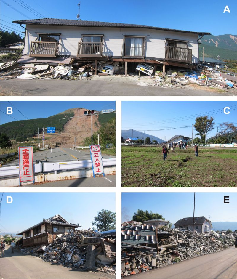 熊本地震在南阿蘇村造成嚴重破壞。上圖為房屋垂直坍塌壓毀停放在一樓的車輛；中間左圖為地震引發大規模山崩與泥石流，也將 1971 年所建的主要聯外道路阿蘇大橋摧毀；中間右圖為斷層線穿過的地方房屋倒塌；左下圖與右下圖為主震震央附近益城町的房屋破壞情況。