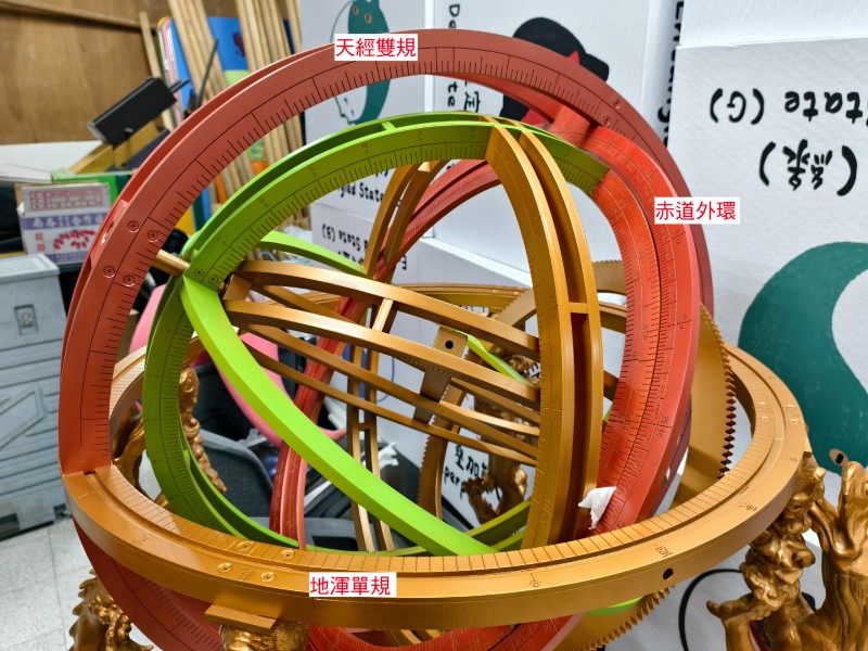 最外圍的 3 個固定環：天經雙規（子午環）、地渾單規（地平環）跟天經環（赤道環）。（圖／林志隆）