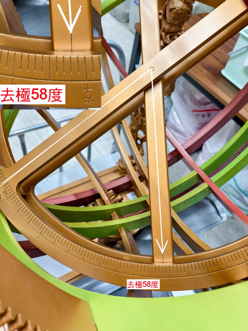 再把窺管轉到去北辰（極）58 度的位置，大角星就應該在窺管視野中了。但是要注意這個刻度是由南向北算的，這是為了讓觀測者方便讀取刻度，因為當抓著窺管尾端由南指向北極時，把度數刻在南邊這一端會比較容易讀取。（圖／林志隆）