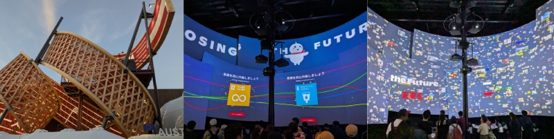 奧地利館以螺旋形、五線譜為主題的巨型外觀宣告主題。並讓眾人共譜未來,設定旋律後由 AI 即時合奏。(圖/陳奕廷)