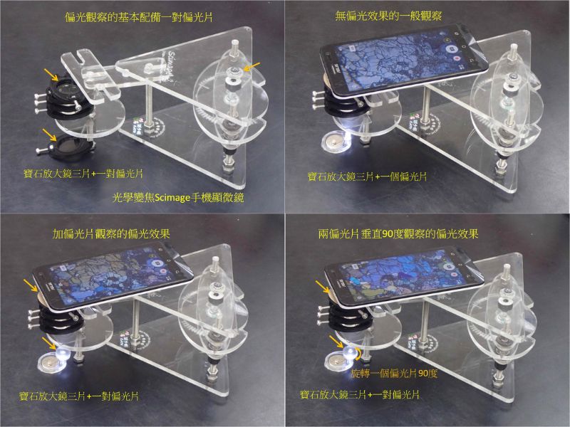 解剖顯微鏡與光學變焦顯微鏡組合，示範橄欖石磨片的偏光操作。