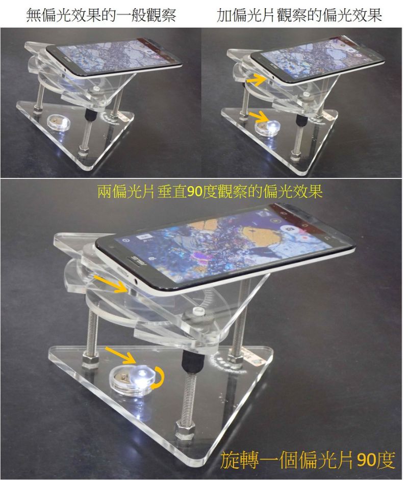 一般正立 Scimage 手機顯微鏡，橄欖石磨片的偏光觀察。