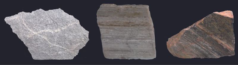 TTG 片麻岩：從左至右，由複雜變形與高度變質的英雲閃長岩 (Tonalite) - 奧長花崗岩 (Trondhjemite) - 花崗閃長岩 (Granodiorite) 所組成之花崗質片麻岩系列。