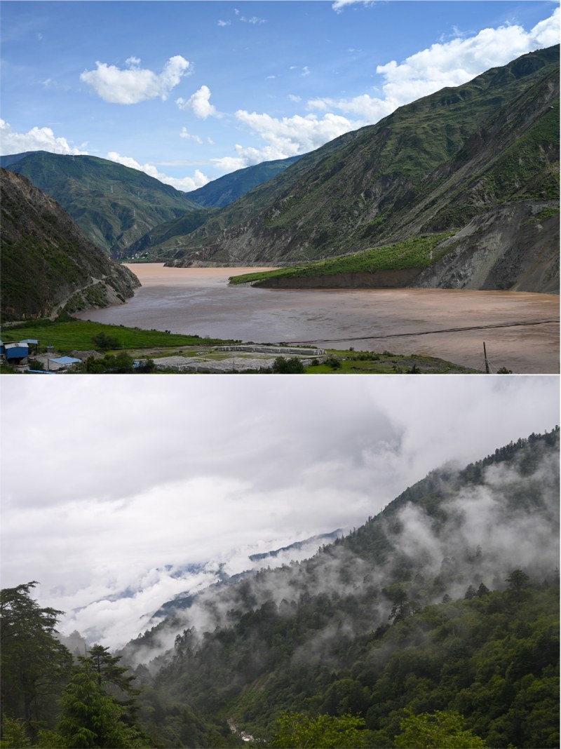 上圖為乾燥炎熱的金沙江河谷，下圖為雲霧籠罩的貢嘎山森林